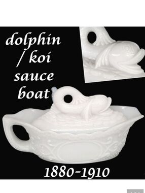 Antique late 1800's dolphin koi sauce boat French white opal glass